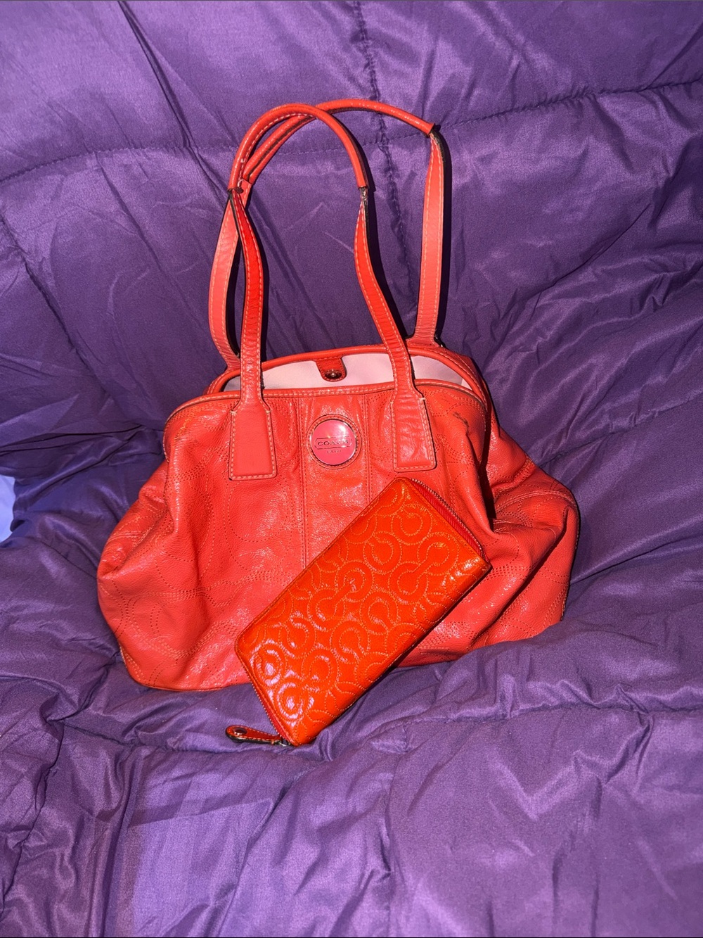 Coach Orange Leather Tote Bag with Matching Wallet - Women Bags